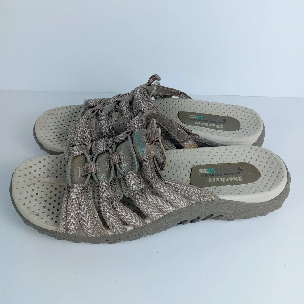 Skechers Reggae Repetition Slides Womens 7 Beige Taupe Slip On Athletic Sandals